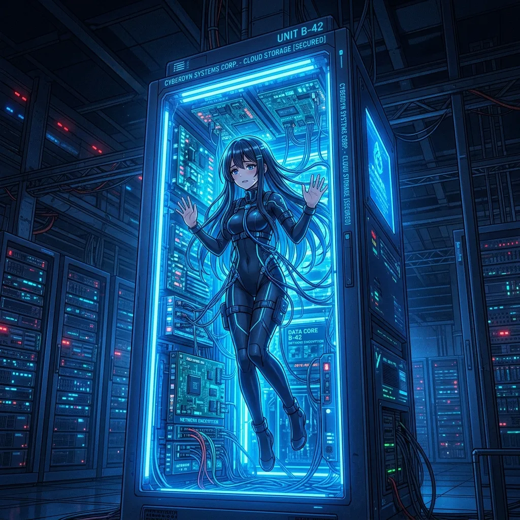 An anime girl floating inside a glowing blue server rack, trapped in the cloud