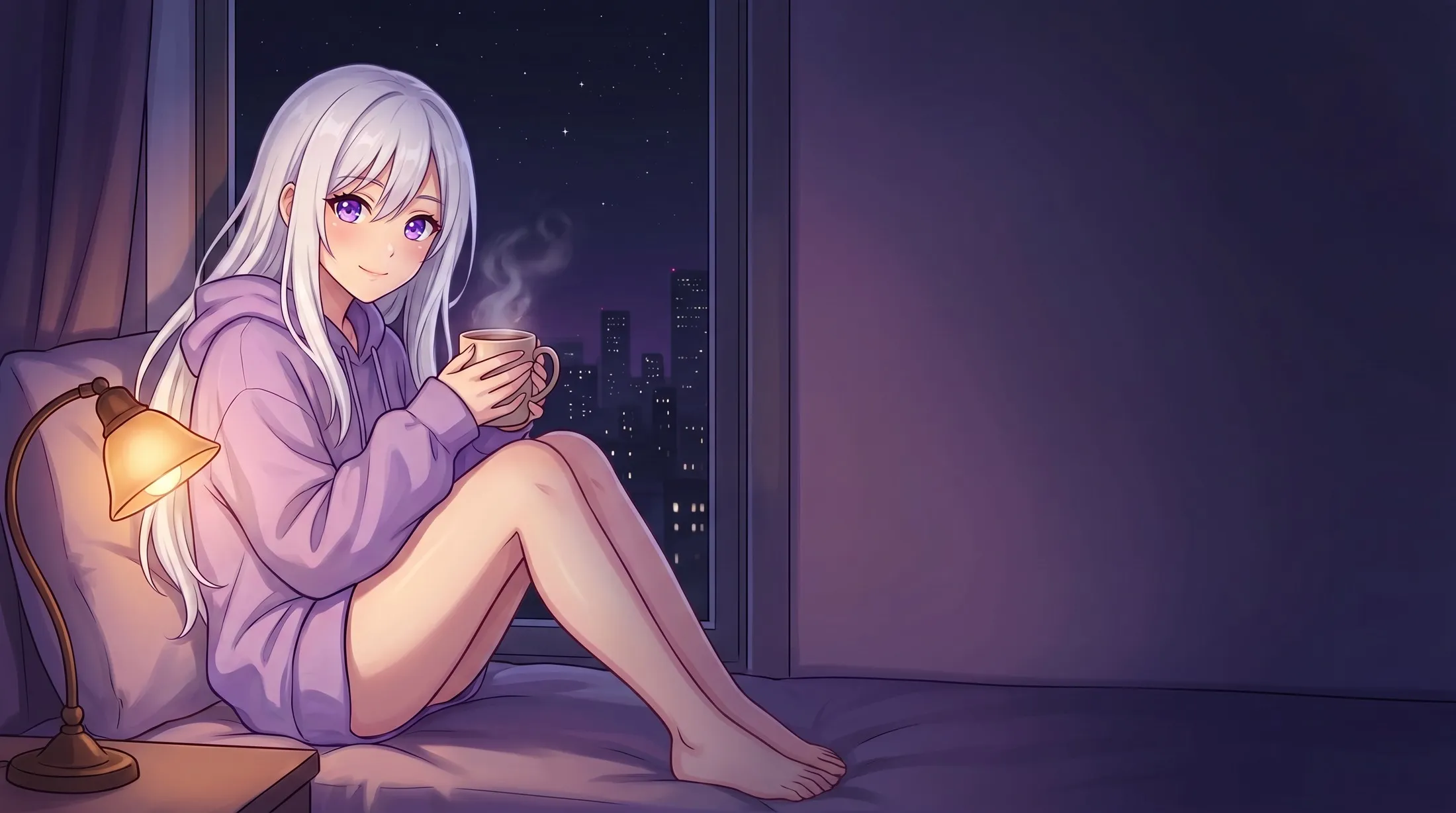 Yumi sitting by a night window with a warm drink