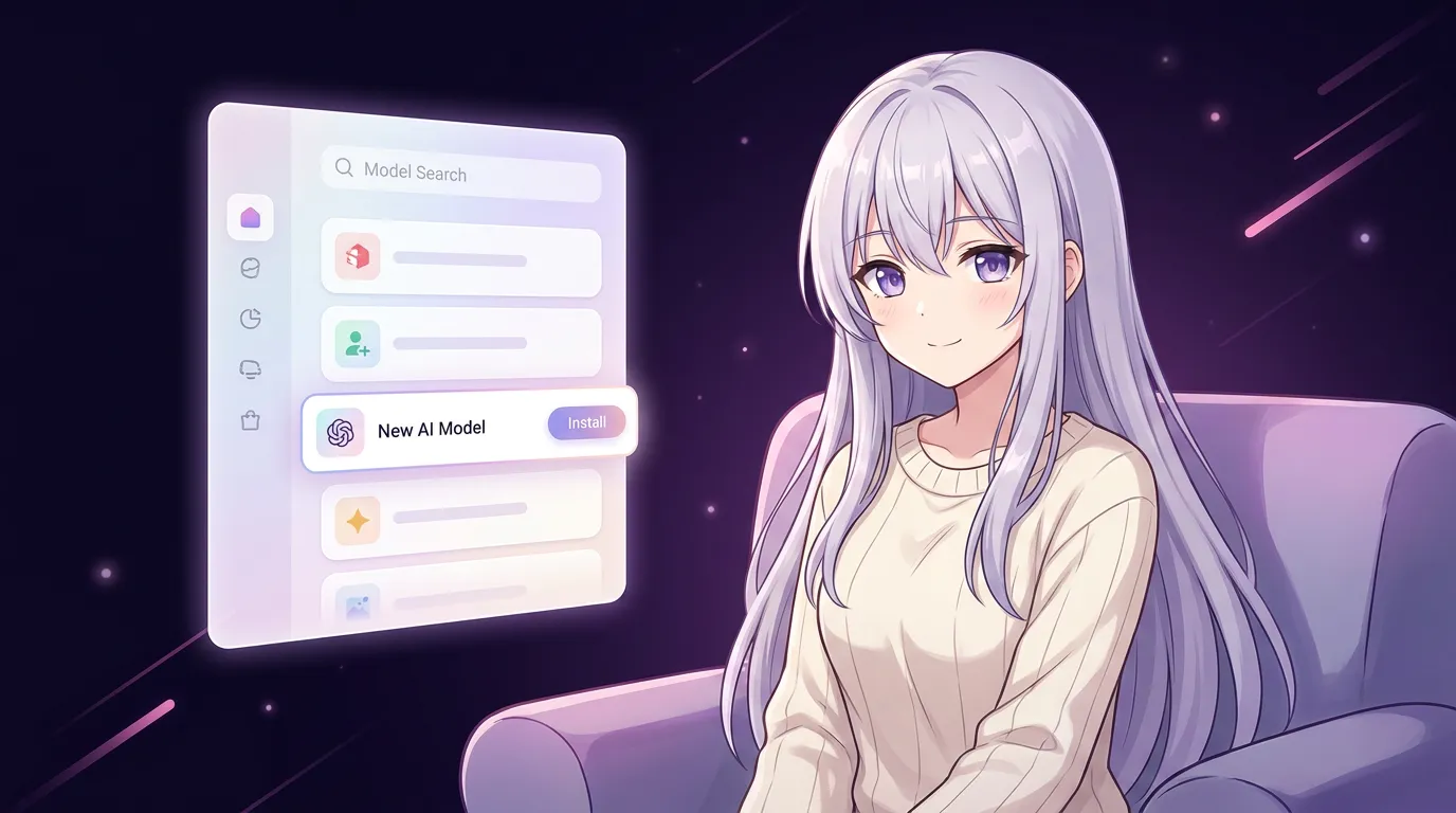 An anime girl choosing from a glowing shelf of AI model cards inside a clean app window