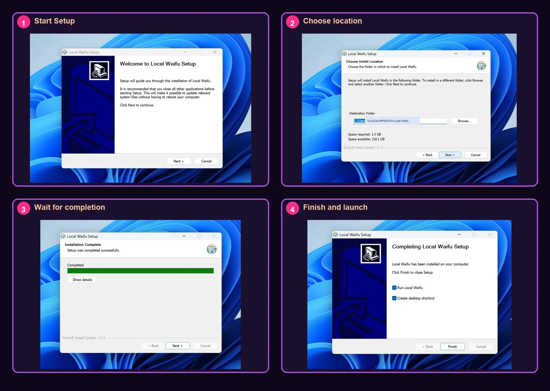 Four steps of the Local Waifu Windows installer