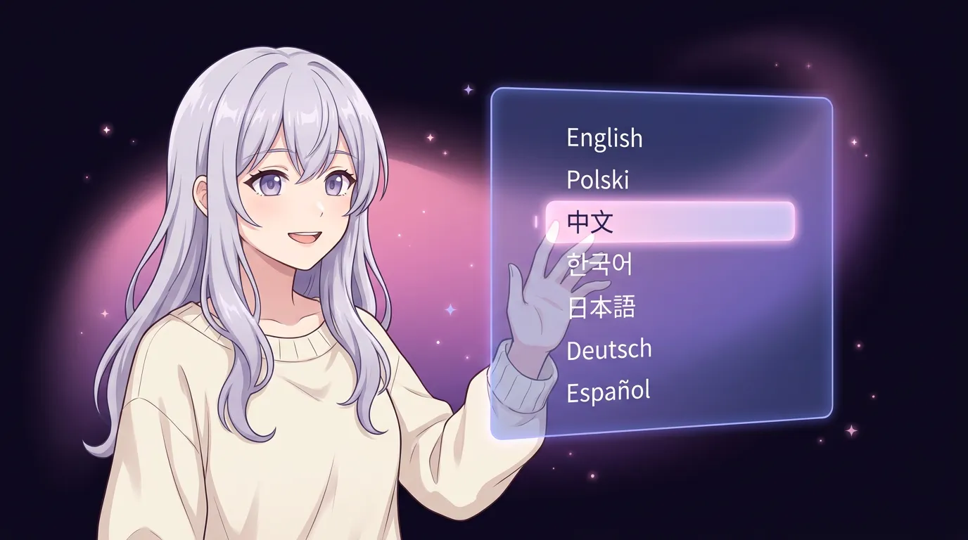 An anime girl surrounded by soft speech bubbles in Polish, Japanese, Korean and German