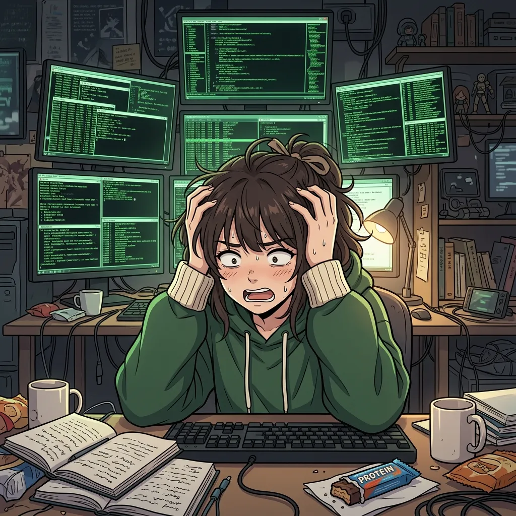 An anime girl looking overwhelmed in front of computer monitors filled with green code