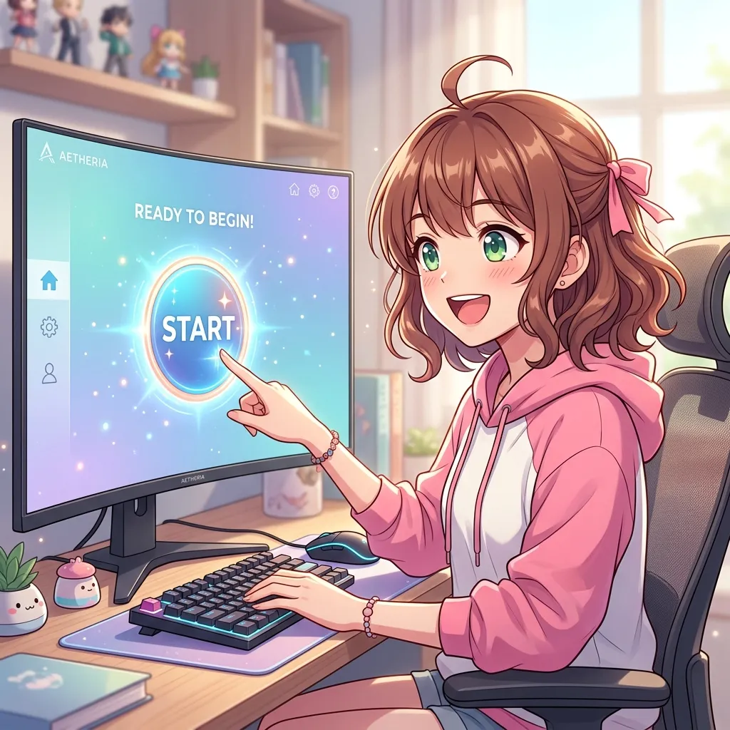 An anime girl happily clicking a single glowing START button on a clean computer interface