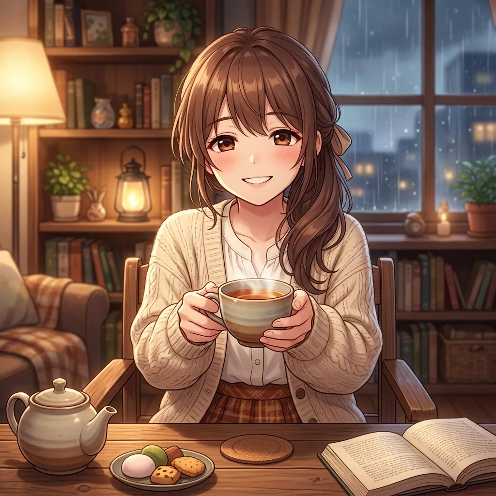 A beautiful anime girl smiling gently, handing a cup of tea to the viewer