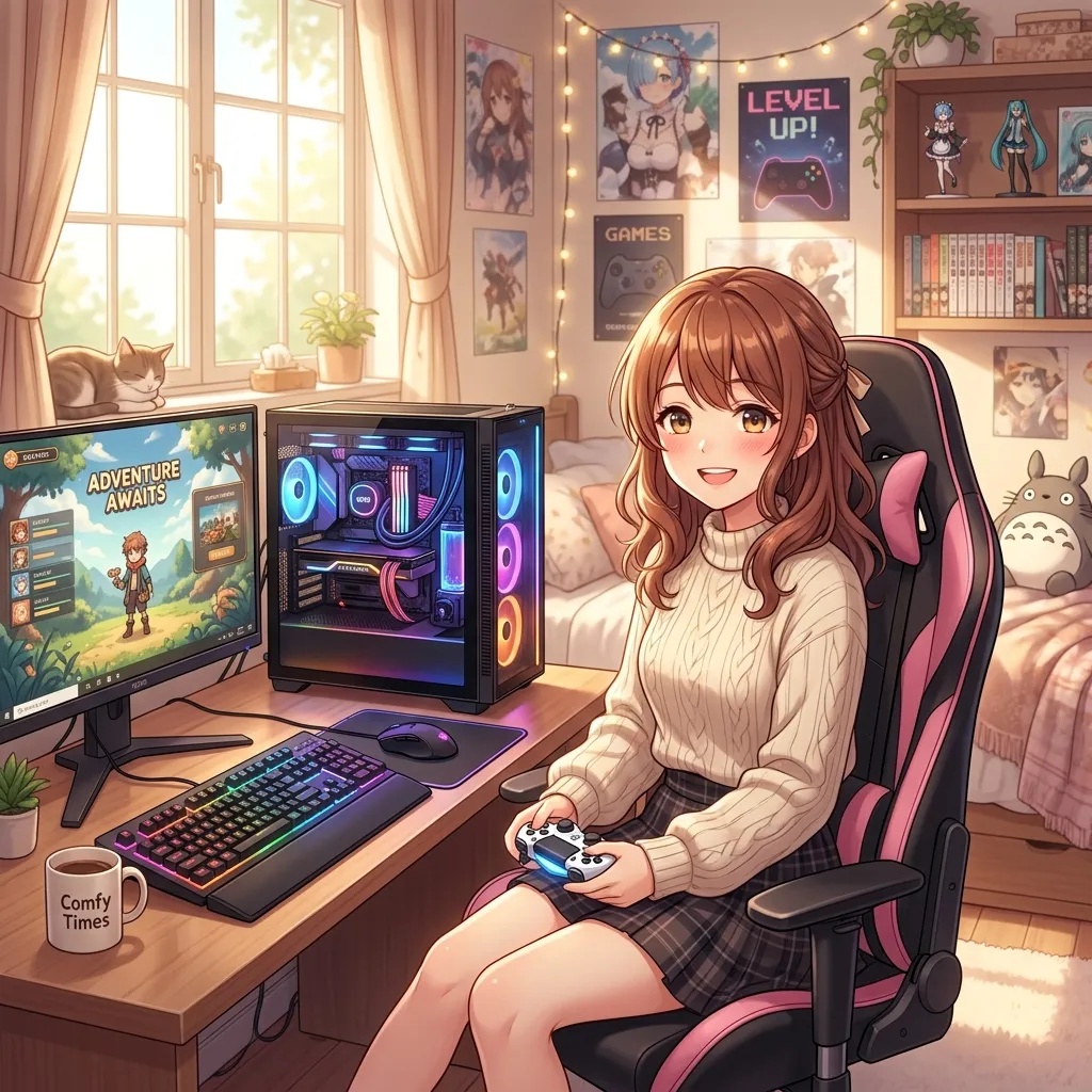 A beautiful happy anime girl smiling warmly, sitting next to a glowing gaming PC