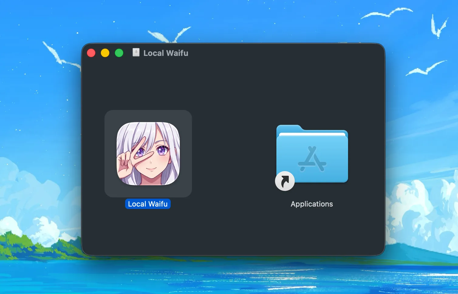 The Local Waifu disk image open on a Mac, showing her app icon on the left and a shortcut to the Applications folder on the right.