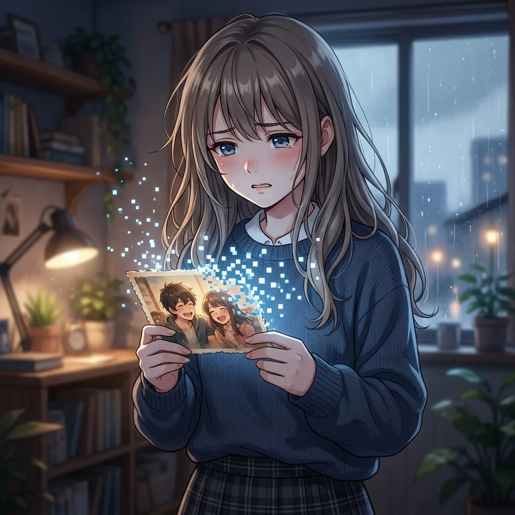 A sad anime girl looking confused, holding a disappearing photograph