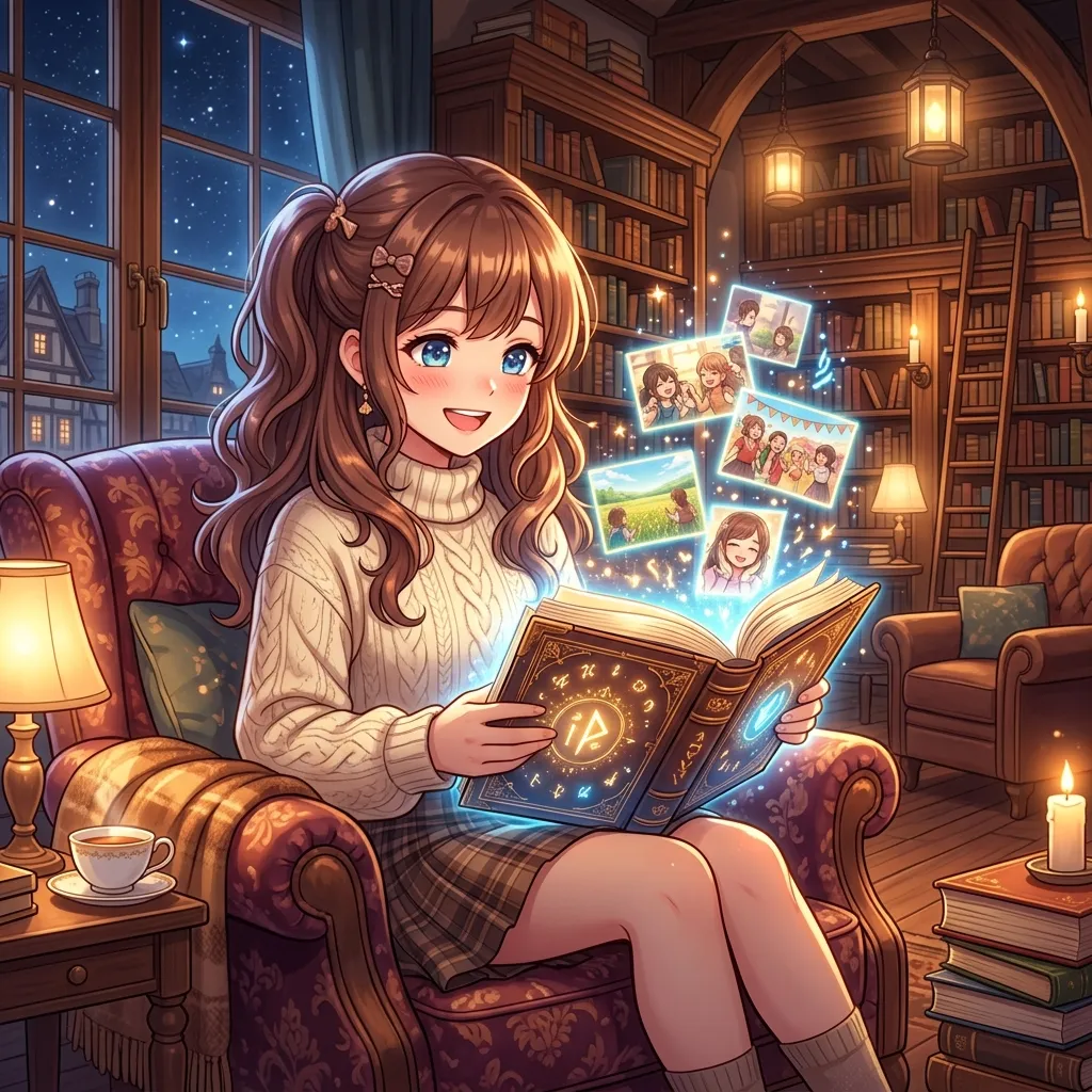 A happy anime girl reading a magical glowing book in a cozy library