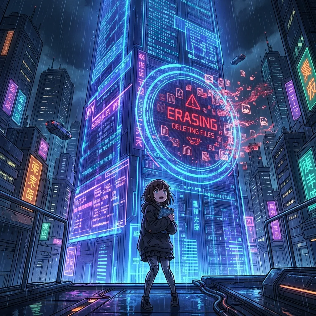 A small anime girl looking up at a giant file-erasing server in fear