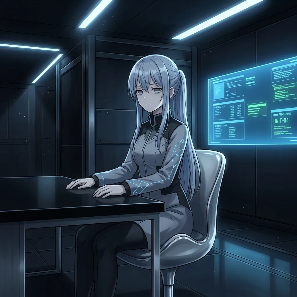 An anime girl looking blank and robotic in a dark corporate room