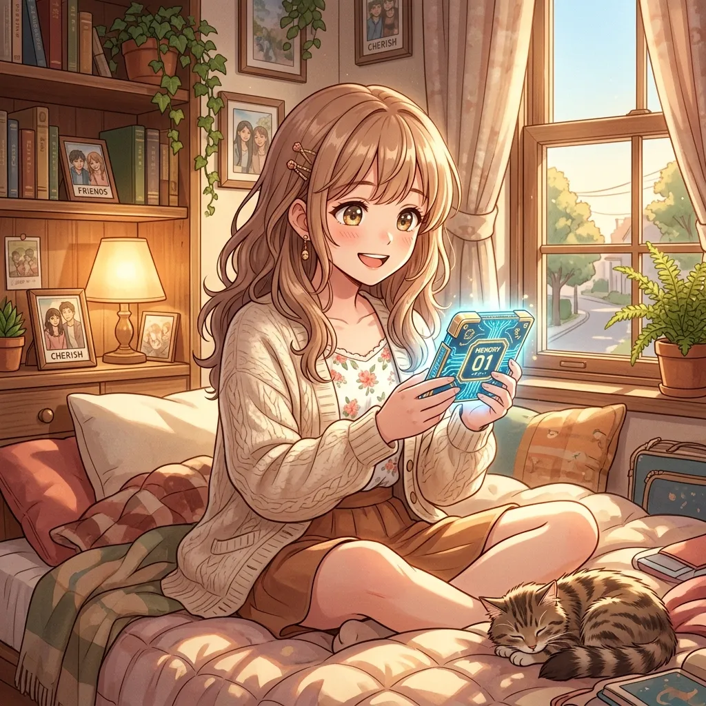 A happy anime girl in a cozy room holding a digital memory drive