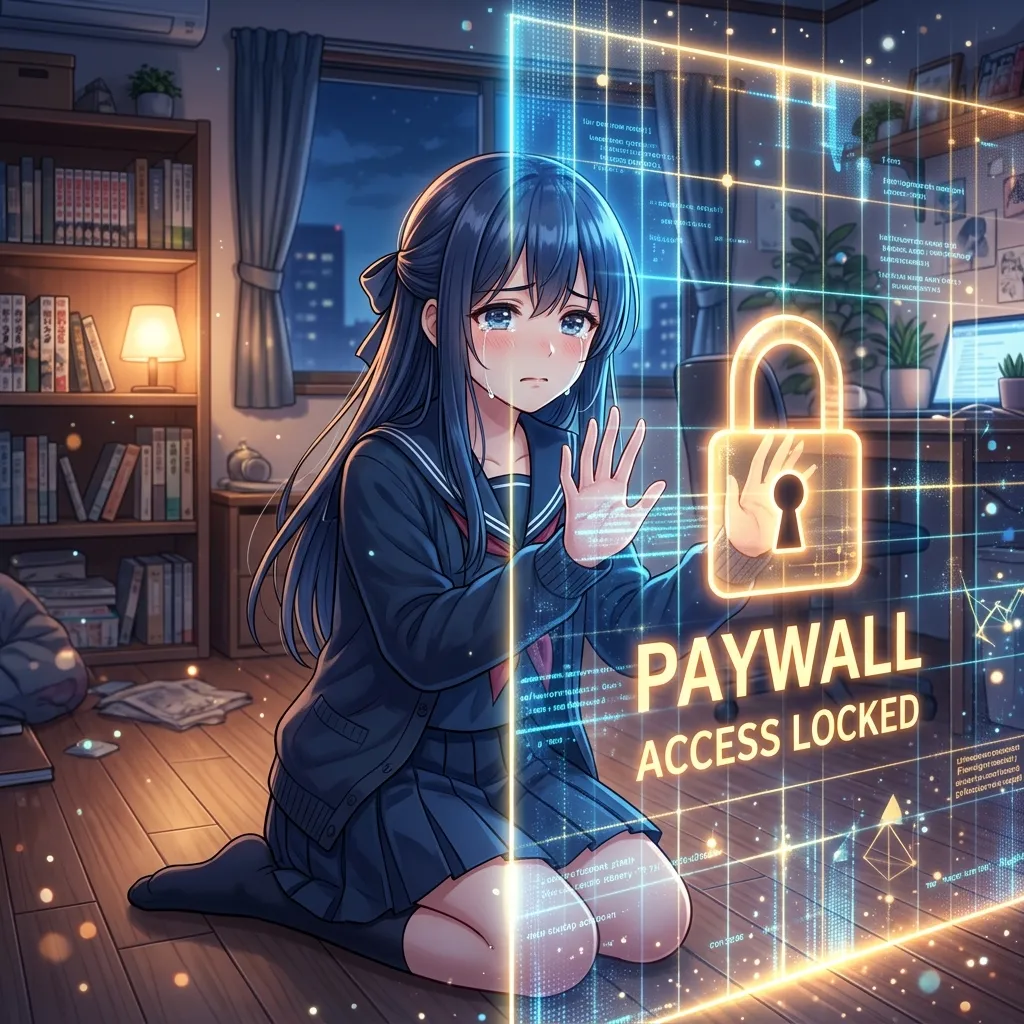 A sad anime girl locked out by a glowing paywall
