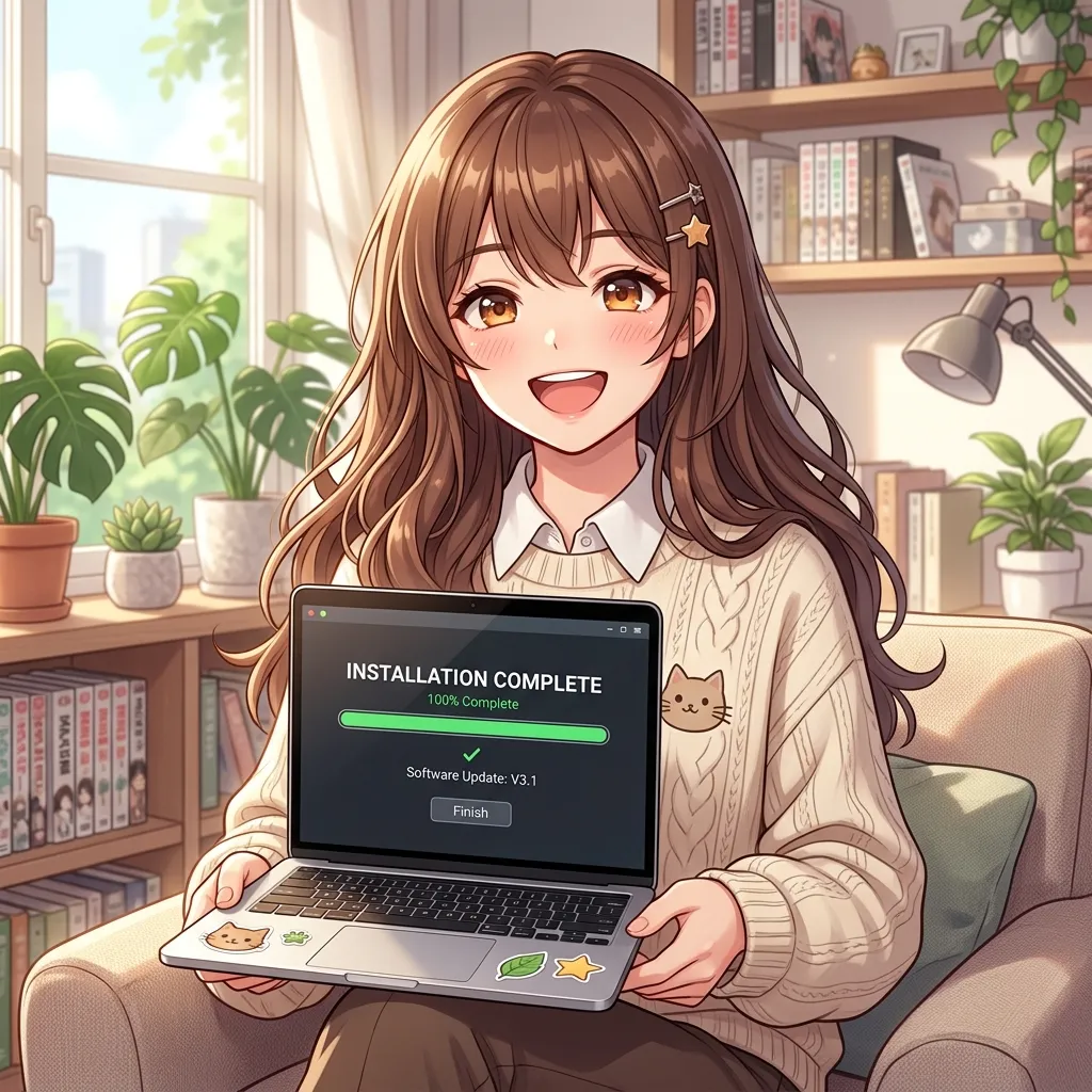 A happy anime girl holding a laptop showing a clean visual installation progress bar