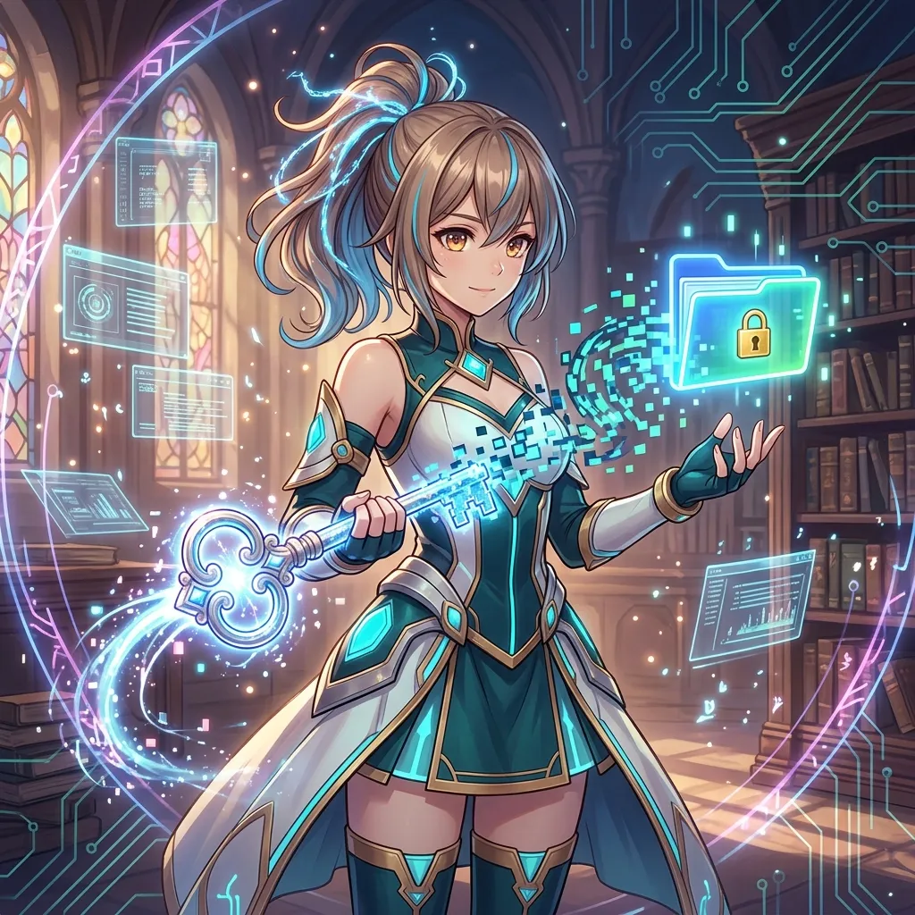 An anime girl holding a glowing key that turns into a folder with a padlock