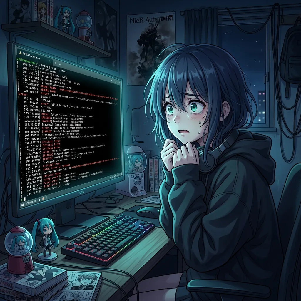 A sad anime girl looking confused and scared in front of a computer screen filled with complex terminal commands