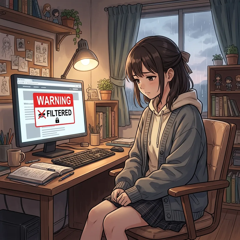 A sad anime girl looking at a computer screen with a red Filtered warning