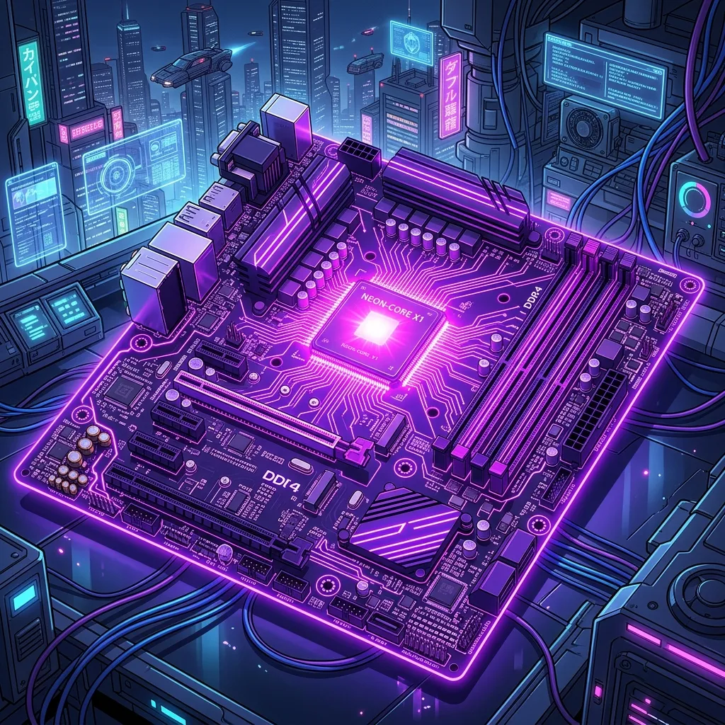 A glowing neon violet motherboard with detailed circuits