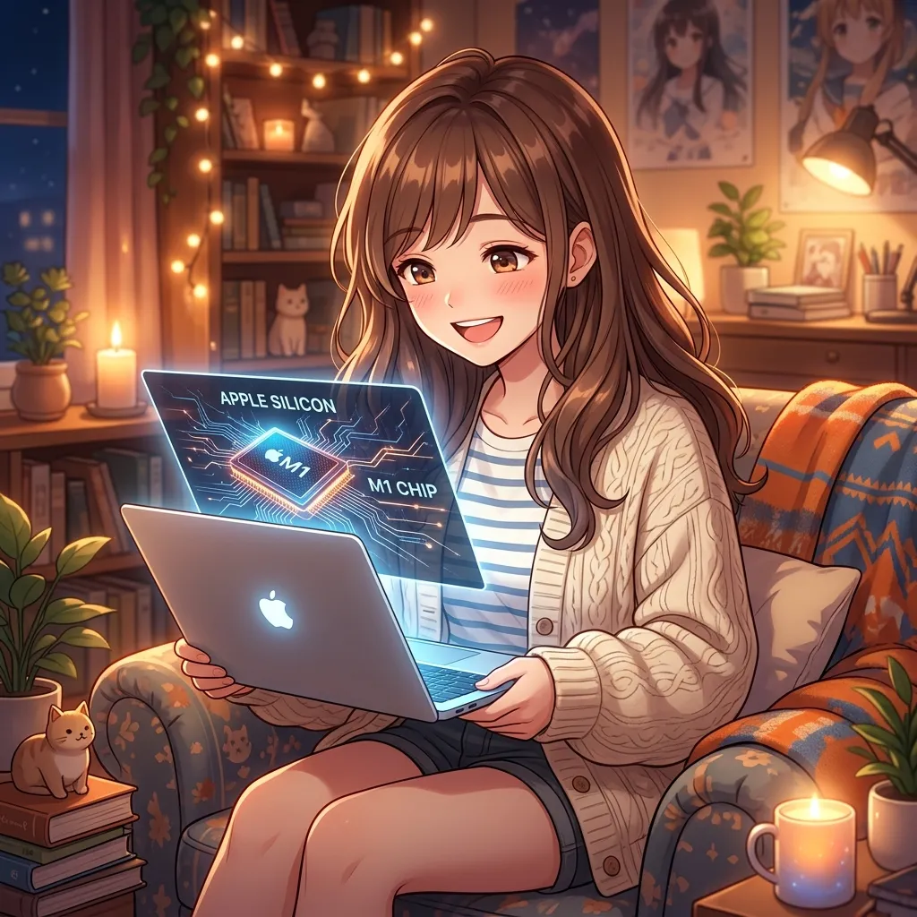 A happy anime girl holding a thin glowing silver laptop showing Apple Silicon