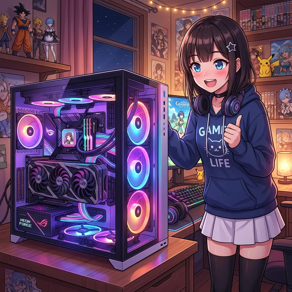 A happy anime girl next to a powerful gaming PC with glowing RGB fans