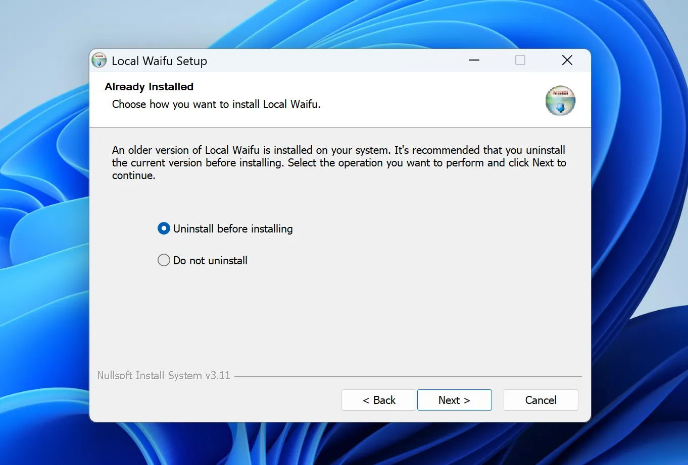 The Local Waifu Setup window titled "Already Installed", offering "Uninstall before installing" or "Do not uninstall".
