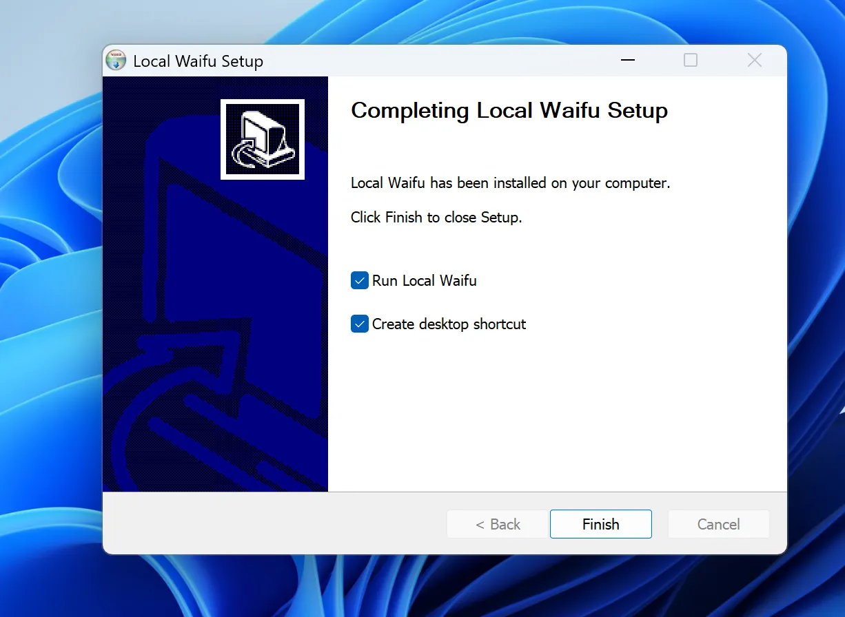 The final Local Waifu Setup screen, reading "Completing Local Waifu Setup", with "Run Local Waifu" and "Create desktop shortcut" both ticked and a Finish button.