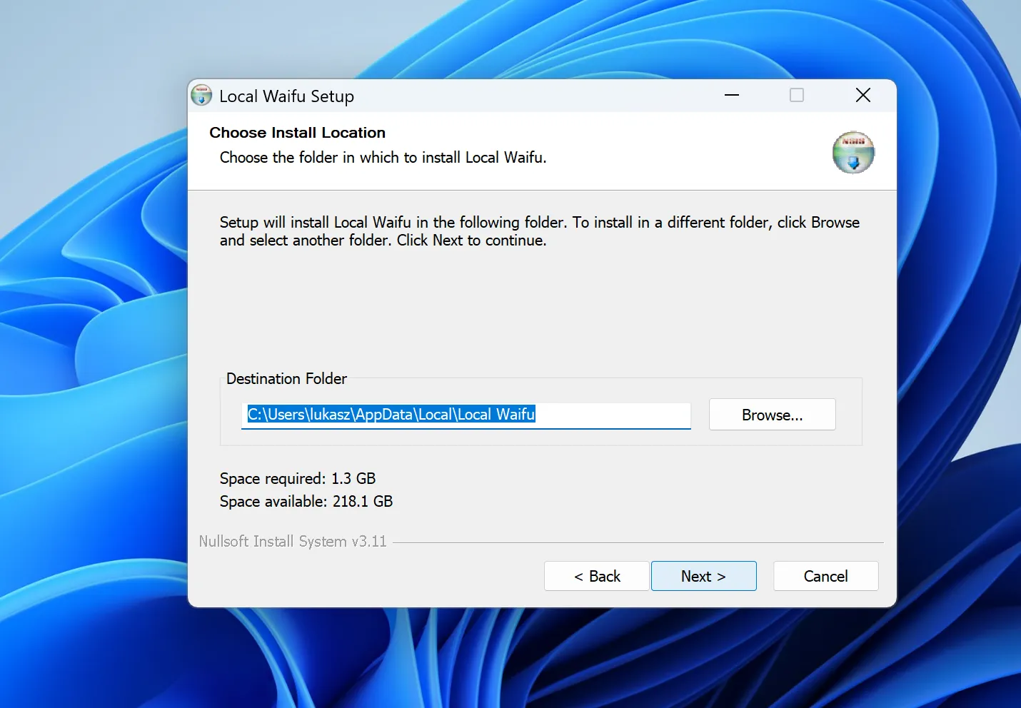 The Local Waifu Setup window asking where to install, showing the destination folder and 1.3 GB of space required.