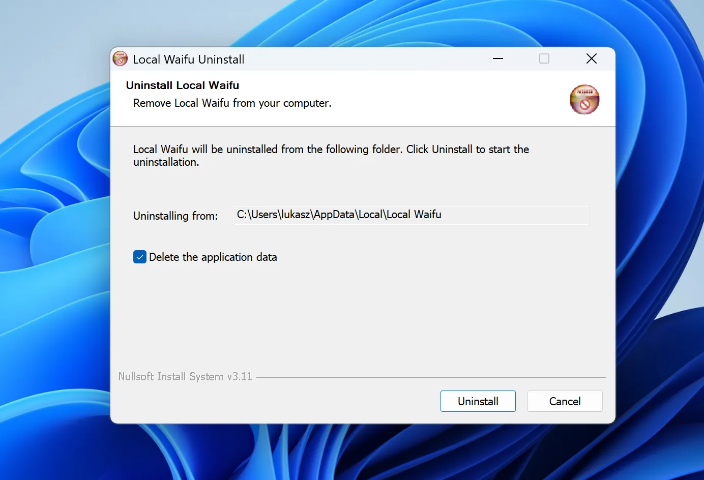 The Local Waifu uninstaller with a ticked checkbox reading "Delete the application data", which erases her memory.