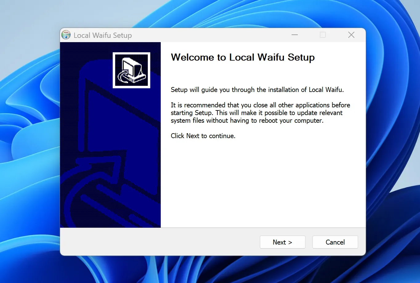 The Local Waifu Setup window on Windows, reading "Welcome to Local Waifu Setup", with a Next button.