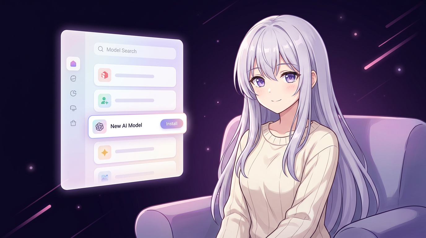 An anime girl choosing from a glowing shelf of AI model cards inside a clean app window