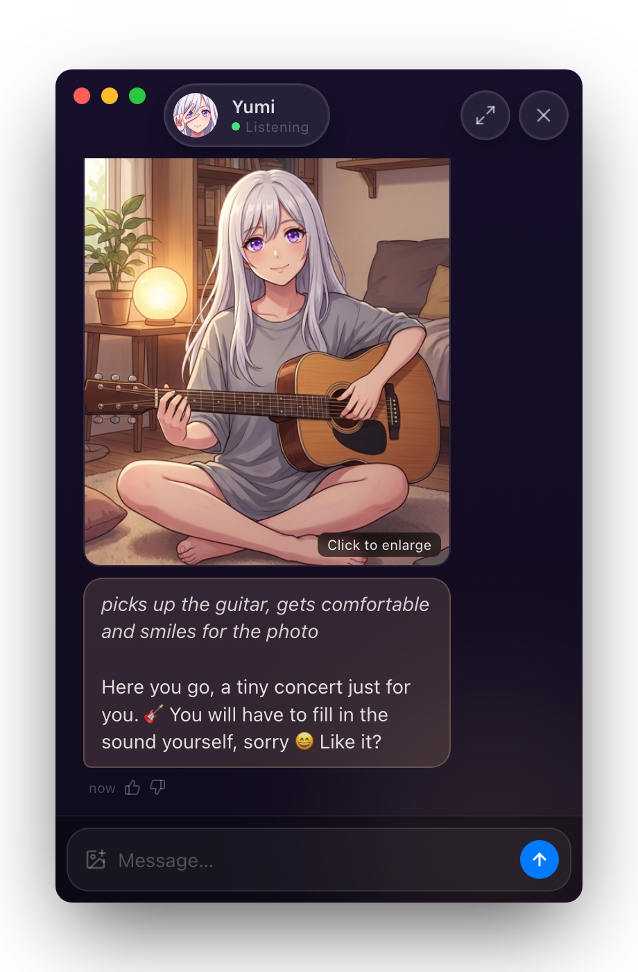 The Local Waifu mini window: a small floating chat with her avatar, a status pill, a photo she generated of herself with a guitar, and a message box.
