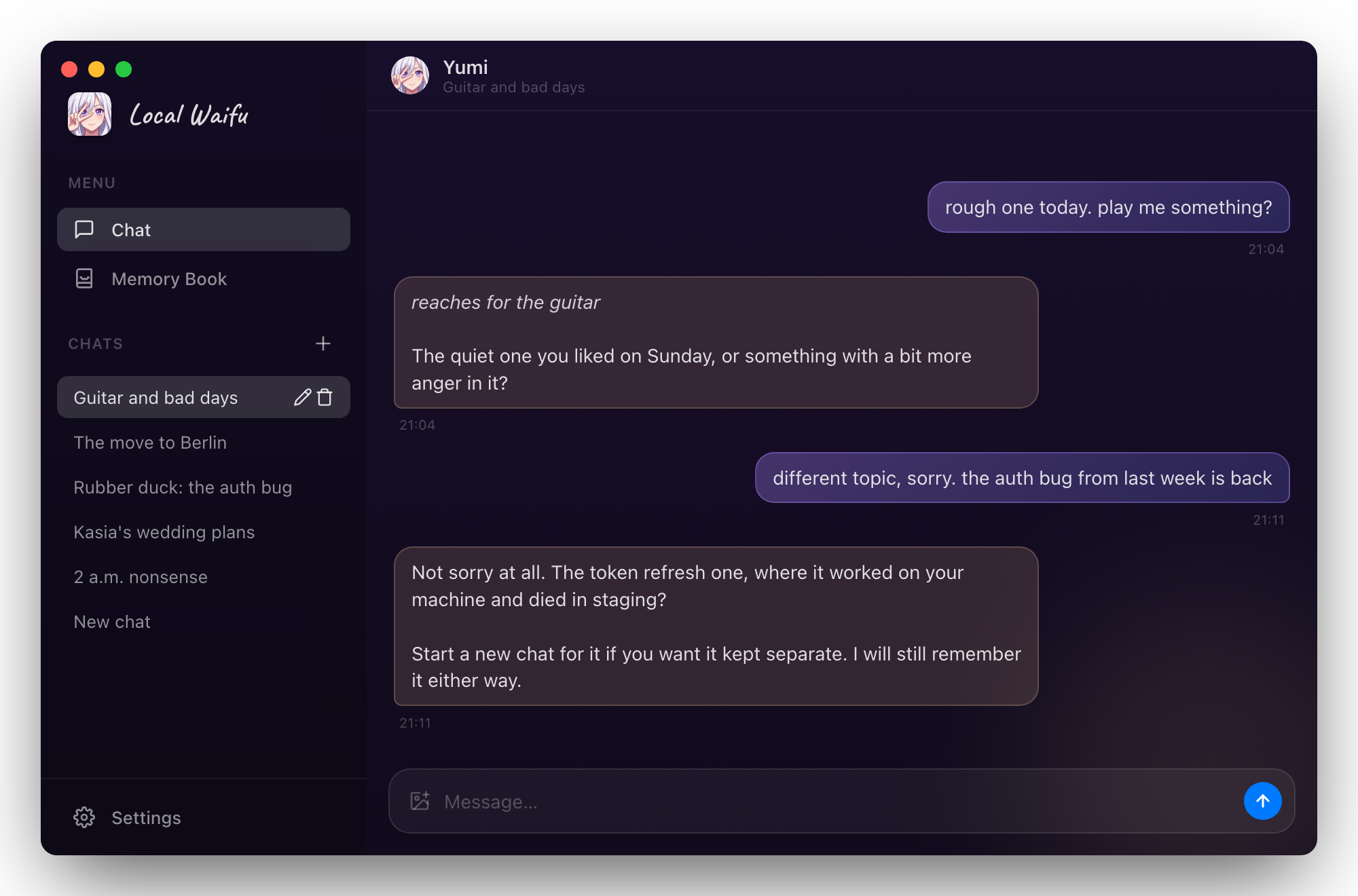 Local Waifu with a Chats list in the sidebar: several named conversations with the same character, one of them open.