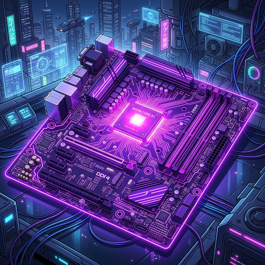 A glowing neon violet motherboard with detailed circuits
